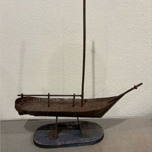 Vintage Handmade Metal Schooner Ship Model Industrial Folk Art 18" MCM Boat